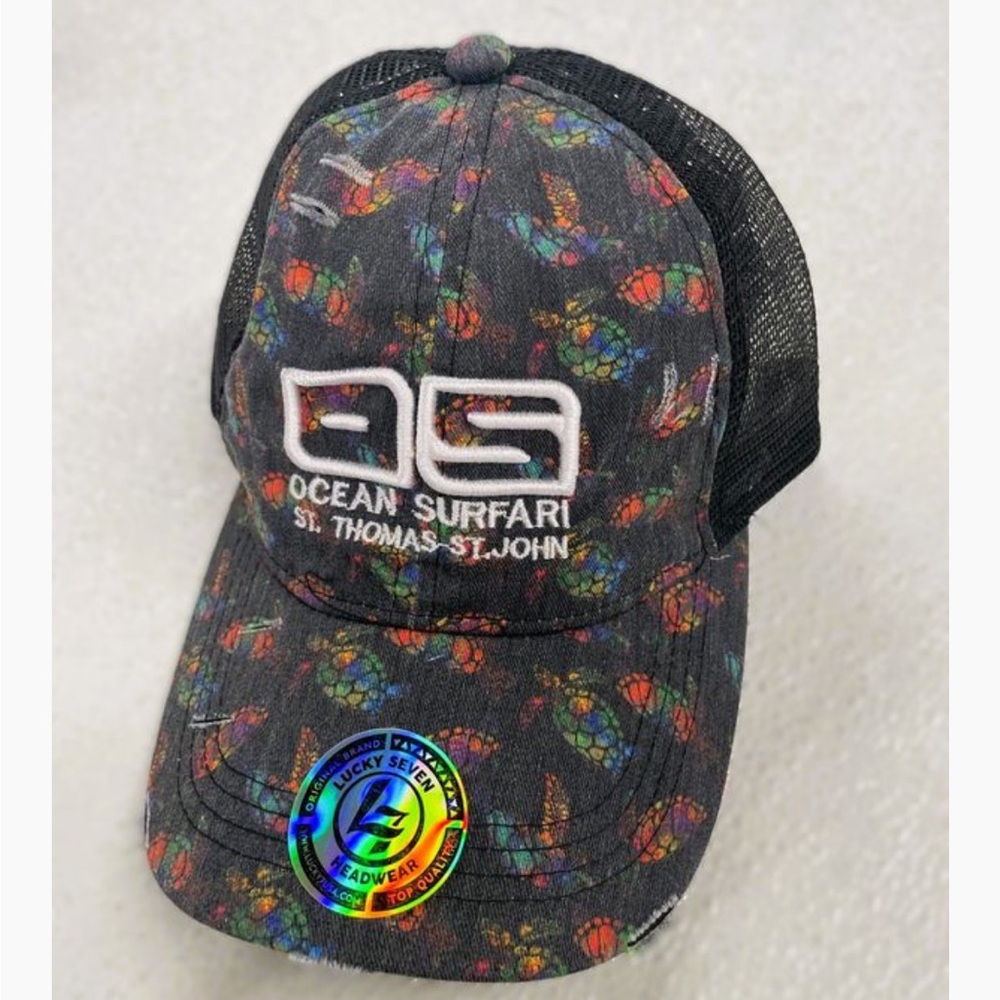 Ocean Surfari Black Mesh Cap -Criss Cross Pony Tail Hat
